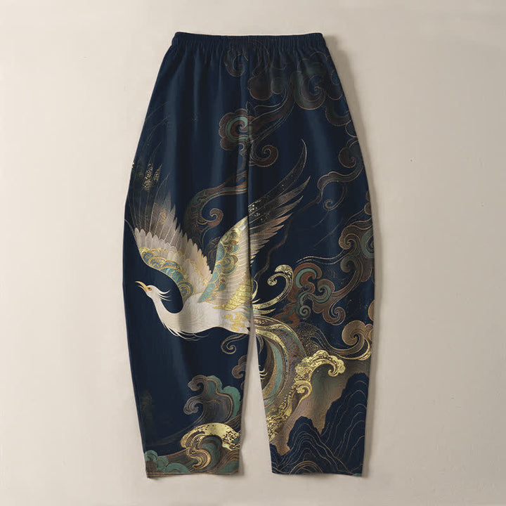 Buddha Stones Herrenhose aus reiner Baumwolle mit Kranich-, Wolken- und Wellenmuster, Kordelzug, schmal zulaufender Schnitt und Taschen - image 10
