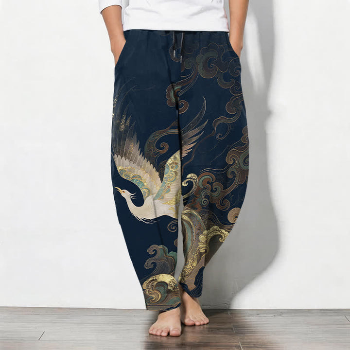 Buddha Stones Herrenhose aus reiner Baumwolle mit Kranich-, Wolken- und Wellenmuster, Kordelzug, schmal zulaufender Schnitt und Taschen - Mitternachtsblau - US/ UK/AU50, EU60 (5XL) - image 7