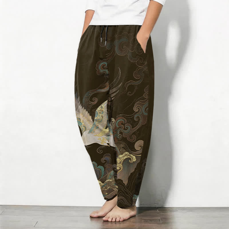 Buddha Stones Herrenhose aus reiner Baumwolle mit Kranich-, Wolken- und Wellenmuster, Kordelzug, schmal zulaufender Schnitt und Taschen - image 12