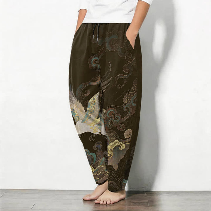 Buddha Stones Herrenhose aus reiner Baumwolle mit Kranich-, Wolken- und Wellenmuster, Kordelzug, schmal zulaufender Schnitt und Taschen - image 12