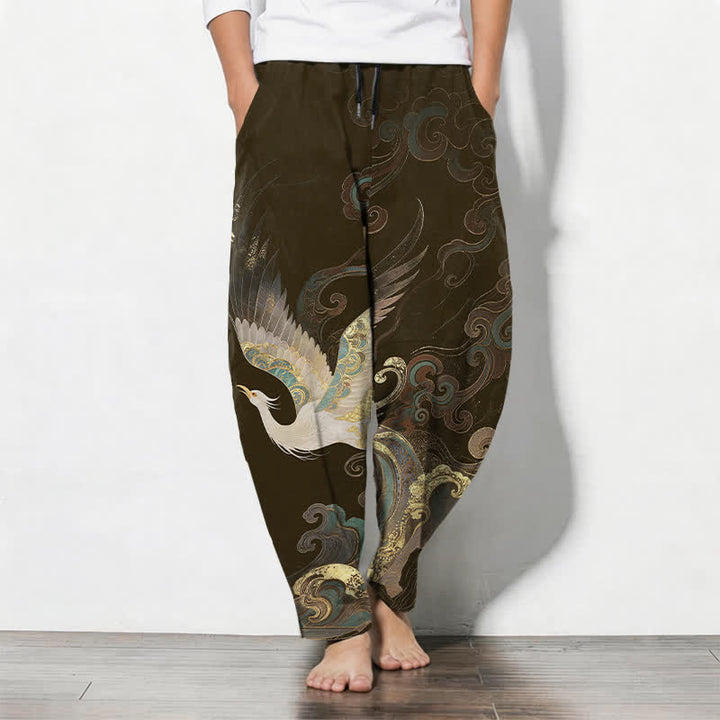 Buddha Stones Herrenhose aus reiner Baumwolle mit Kranich-, Wolken- und Wellenmuster, Kordelzug, schmal zulaufender Schnitt und Taschen - Sattelbraun - US/ UK/AU50, EU60 (5XL) - image 11