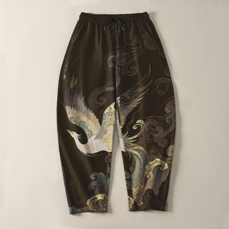 Buddha Stones Herrenhose aus reiner Baumwolle mit Kranich-, Wolken- und Wellenmuster, Kordelzug, schmal zulaufender Schnitt und Taschen - image 13