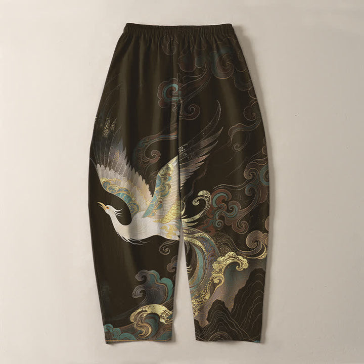 Buddha Stones Herrenhose aus reiner Baumwolle mit Kranich-, Wolken- und Wellenmuster, Kordelzug, schmal zulaufender Schnitt und Taschen - image 14