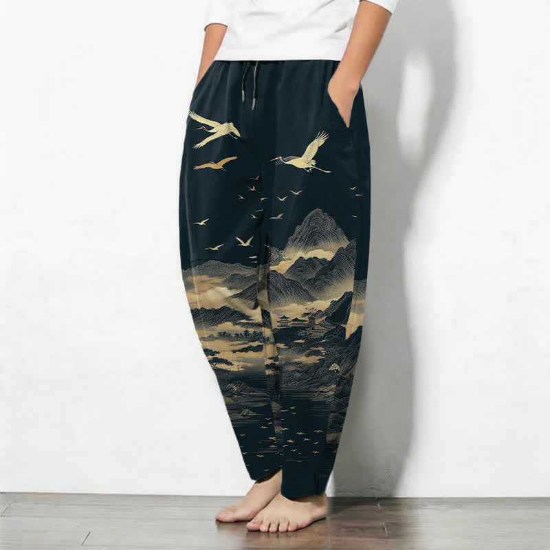 Buddha Stones Herrenhose aus reiner Baumwolle mit Kranichmuster, Kordelzug, schmal zulaufendem Bein und Taschen - image 1
