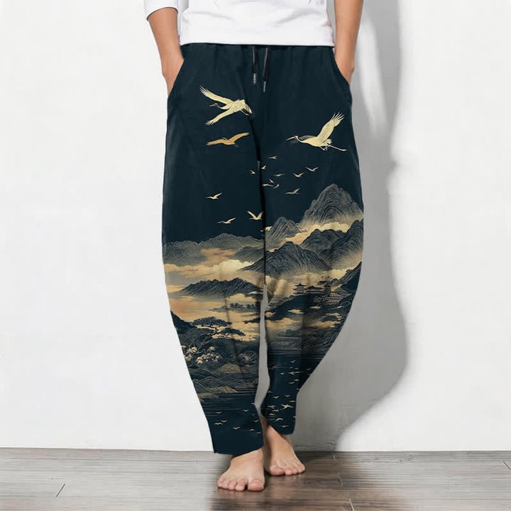 Buddha Stones Herrenhose aus reiner Baumwolle mit Kranichmuster, Kordelzug, schmal zulaufendem Bein und Taschen - Mitternachtsblau - US/ UK/AU50, EU60 (5XL) - image 0