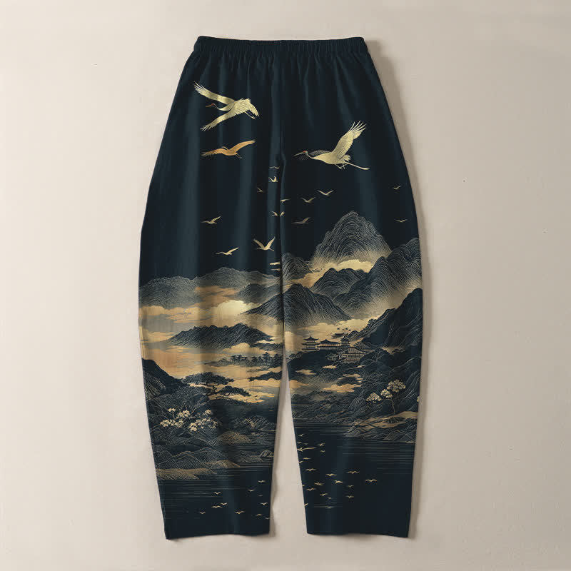 Buddha Stones Herrenhose aus reiner Baumwolle mit Kranichmuster, Kordelzug, schmal zulaufendem Bein und Taschen - image 3