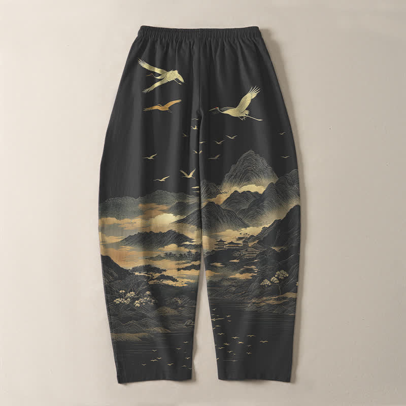 Buddha Stones Herrenhose aus reiner Baumwolle mit Kranichmuster, Kordelzug, schmal zulaufendem Bein und Taschen - image 10