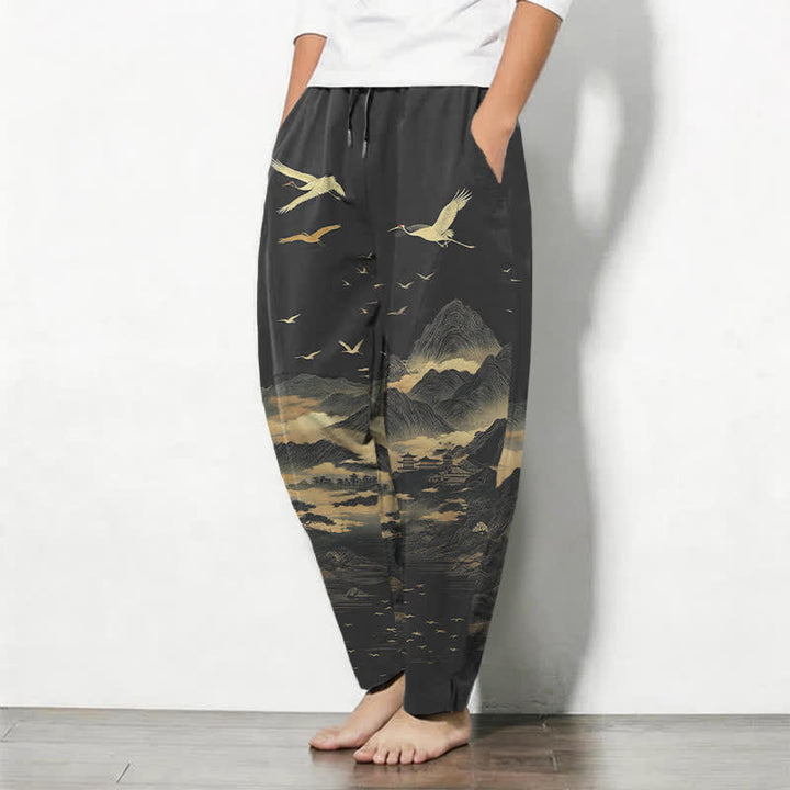 Buddha Stones Herrenhose aus reiner Baumwolle mit Kranichmuster, Kordelzug, schmal zulaufendem Bein und Taschen - image 8