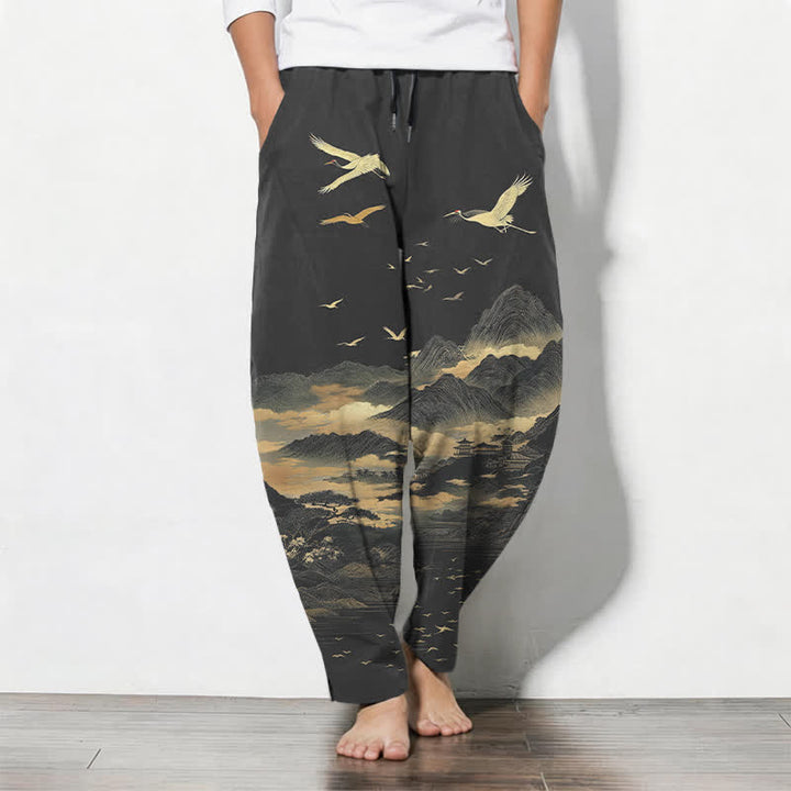 Buddha Stones Herrenhose aus reiner Baumwolle mit Kranichmuster, Kordelzug, schmal zulaufendem Bein und Taschen - DimGray - US/ UK/AU50, EU60 (5XL) - image 7