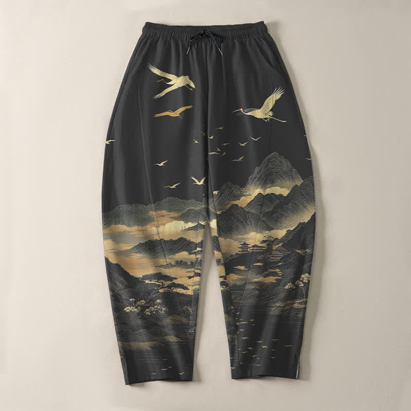 Buddha Stones Herrenhose aus reiner Baumwolle mit Kranichmuster, Kordelzug, schmal zulaufendem Bein und Taschen - image 9