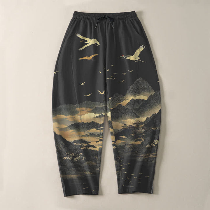 Buddha Stones Herrenhose aus reiner Baumwolle mit Kranichmuster, Kordelzug, schmal zulaufendem Bein und Taschen - image 9