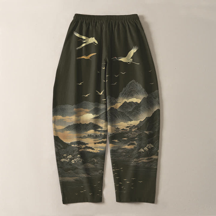 Buddha Stones Herrenhose aus reiner Baumwolle mit Kranichmuster, Kordelzug, schmal zulaufendem Bein und Taschen - image 14