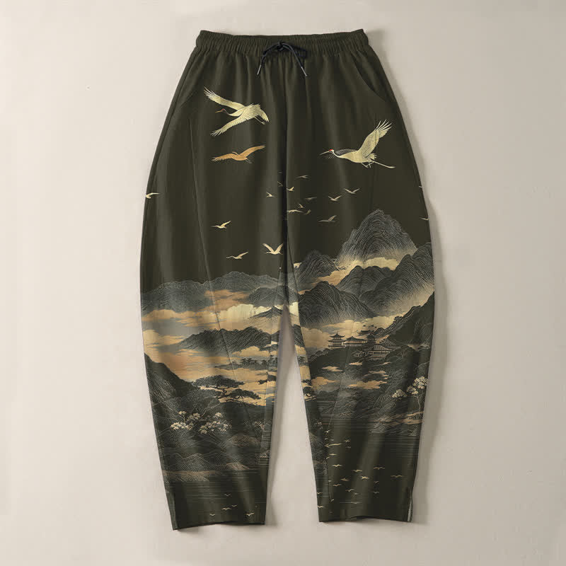 Buddha Stones Herrenhose aus reiner Baumwolle mit Kranichmuster, Kordelzug, schmal zulaufendem Bein und Taschen - image 13