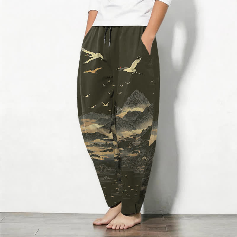 Buddha Stones Herrenhose aus reiner Baumwolle mit Kranichmuster, Kordelzug, schmal zulaufendem Bein und Taschen - image 12