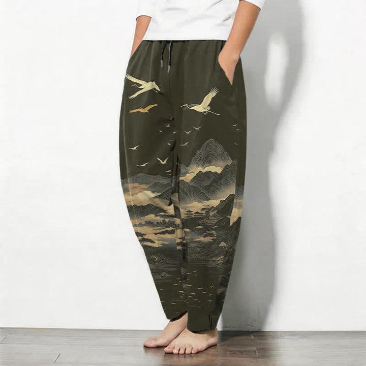 Buddha Stones Herrenhose aus reiner Baumwolle mit Kranichmuster, Kordelzug, schmal zulaufendem Bein und Taschen - image 12