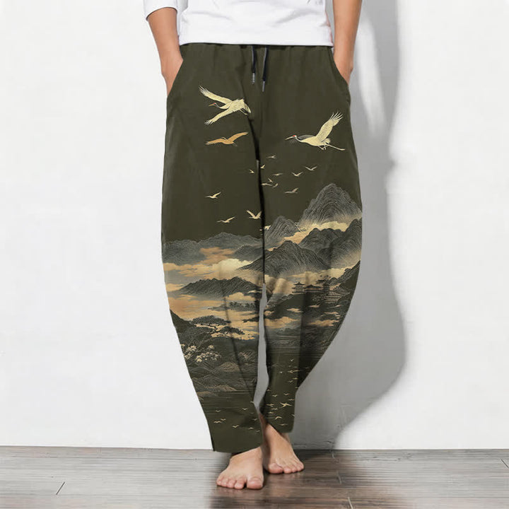 Buddha Stones Herrenhose aus reiner Baumwolle mit Kranichmuster, Kordelzug, schmal zulaufendem Bein und Taschen - Dunkelolivgrün - US/ UK/AU50, EU60 (5XL) - image 11