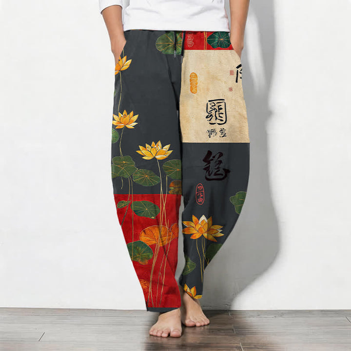 Buddha Stones Herrenhose aus reiner Baumwolle mit Lotus-Kalligrafie-Patchworkmuster, Kordelzug, schmal zulaufendem Bein und Taschen - Schiefergrau - US/ UK/AU50, EU60 (5XL) - image 0