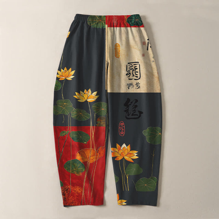 Buddha Stones Herrenhose aus reiner Baumwolle mit Lotus-Kalligrafie-Patchworkmuster, Kordelzug, schmal zulaufendem Bein und Taschen - image 3