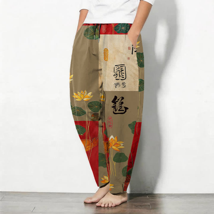 Buddha Stones Herrenhose aus reiner Baumwolle mit Lotus-Kalligrafie-Patchworkmuster, Kordelzug, schmal zulaufendem Bein und Taschen - image 8
