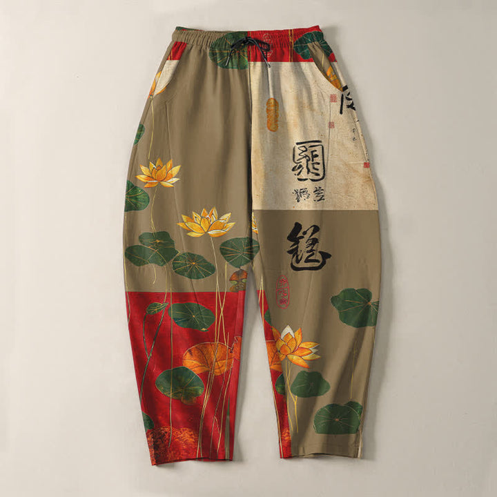 Buddha Stones Herrenhose aus reiner Baumwolle mit Lotus-Kalligrafie-Patchworkmuster, Kordelzug, schmal zulaufendem Bein und Taschen - image 9