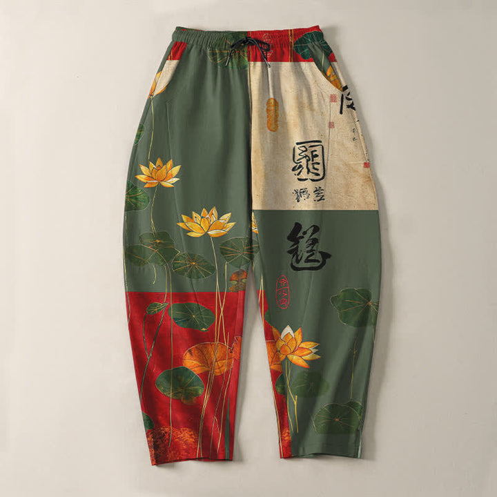 Buddha Stones Herrenhose aus reiner Baumwolle mit Lotus-Kalligrafie-Patchworkmuster, Kordelzug, schmal zulaufendem Bein und Taschen - image 13