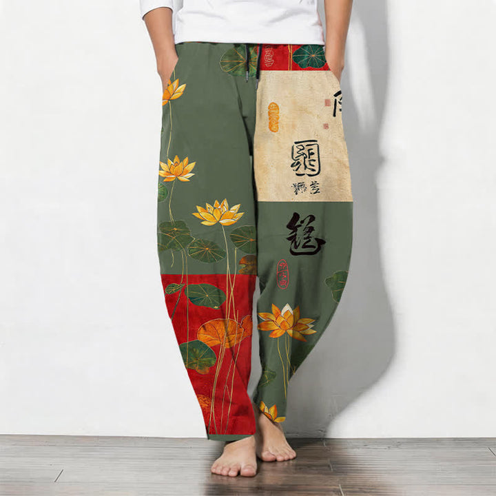 Buddha Stones Herrenhose aus reiner Baumwolle mit Lotus-Kalligrafie-Patchworkmuster, Kordelzug, schmal zulaufendem Bein und Taschen - Olivgrün - US/ UK/AU50, EU60 (5XL) - image 11