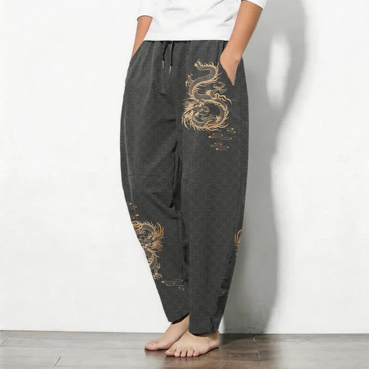 Buddha Stones Herrenhose aus reiner Baumwolle mit goldenem Drachenmuster, Kordelzug, schmal zulaufendem Schnitt und Taschen - image 1