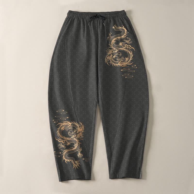 Buddha Stones Herrenhose aus reiner Baumwolle mit goldenem Drachenmuster, Kordelzug, schmal zulaufendem Schnitt und Taschen - image 2