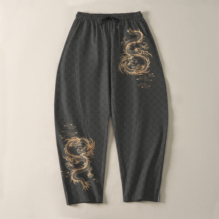 Buddha Stones Herrenhose aus reiner Baumwolle mit goldenem Drachenmuster, Kordelzug, schmal zulaufendem Schnitt und Taschen - image 2