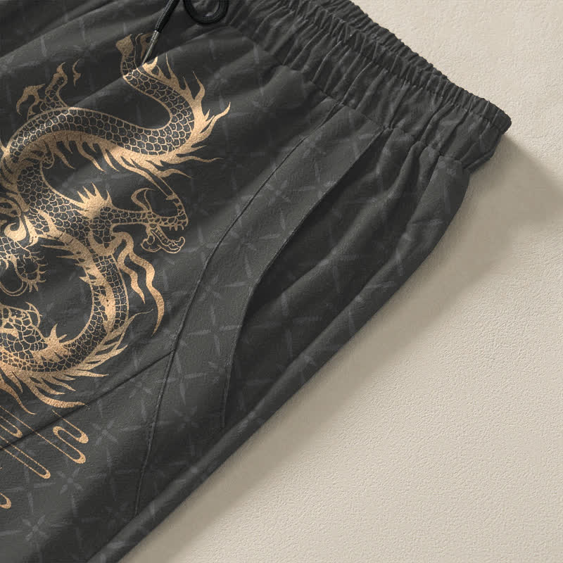 Buddha Stones Herrenhose aus reiner Baumwolle mit goldenem Drachenmuster, Kordelzug, schmal zulaufendem Schnitt und Taschen - image 4