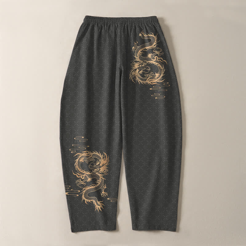 Buddha Stones Herrenhose aus reiner Baumwolle mit goldenem Drachenmuster, Kordelzug, schmal zulaufendem Schnitt und Taschen - image 3