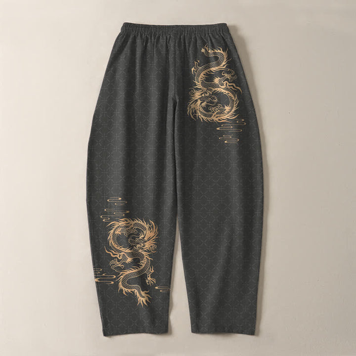Buddha Stones Herrenhose aus reiner Baumwolle mit goldenem Drachenmuster, Kordelzug, schmal zulaufendem Schnitt und Taschen - image 3