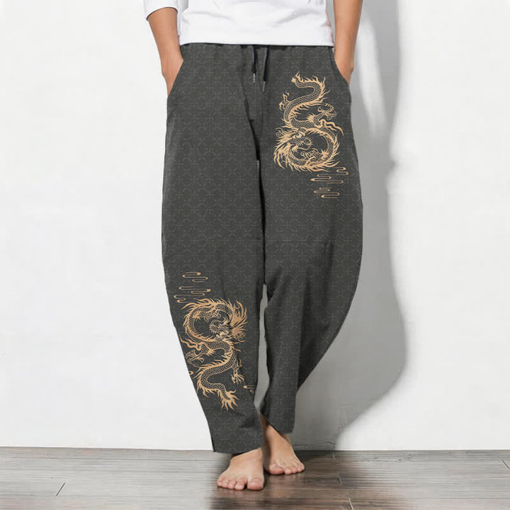 Buddha Stones Herrenhose aus reiner Baumwolle mit goldenem Drachenmuster, Kordelzug, schmal zulaufendem Schnitt und Taschen - DimGray - US/ UK/AU50, EU60 (5XL) - image 0
