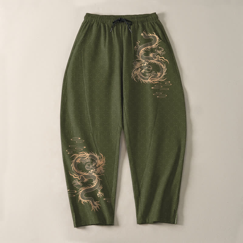 Buddha Stones Herrenhose aus reiner Baumwolle mit goldenem Drachenmuster, Kordelzug, schmal zulaufendem Schnitt und Taschen - image 9