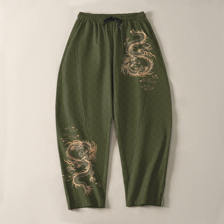 Buddha Stones Herrenhose aus reiner Baumwolle mit goldenem Drachenmuster, Kordelzug, schmal zulaufendem Schnitt und Taschen - image 9