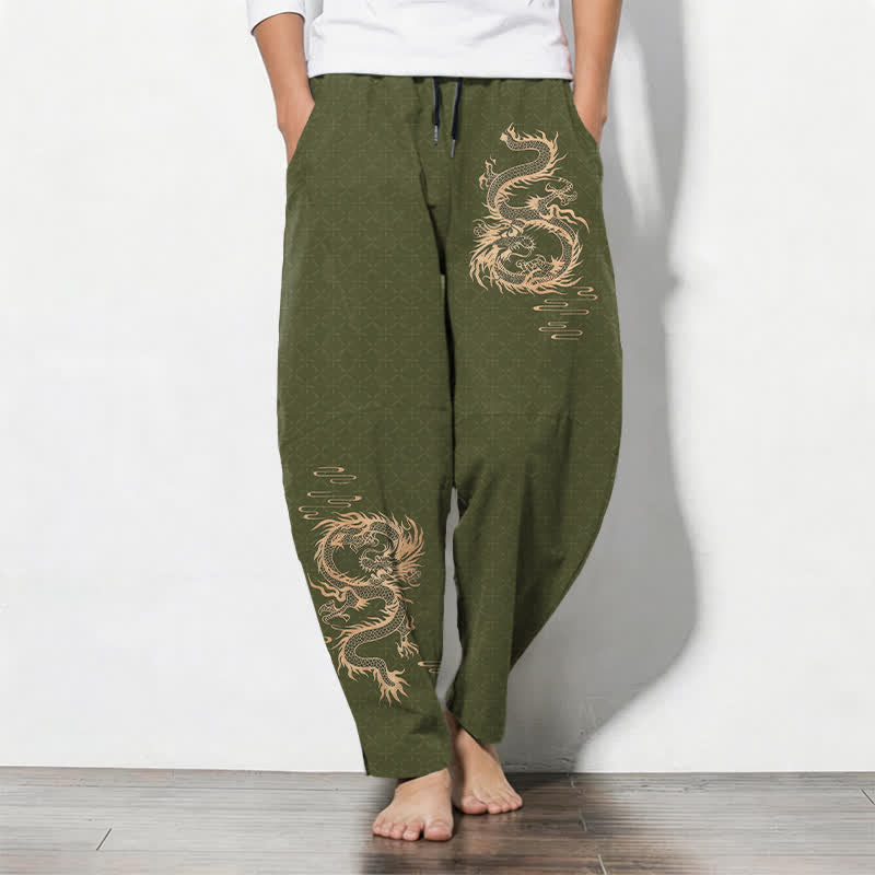 Buddha Stones Herrenhose aus reiner Baumwolle mit goldenem Drachenmuster, Kordelzug, schmal zulaufendem Schnitt und Taschen - Olivgrün - US/ UK/AU50, EU60 (5XL) - image 7