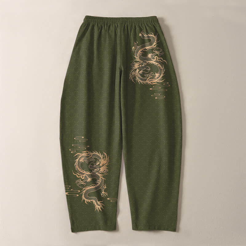 Buddha Stones Herrenhose aus reiner Baumwolle mit goldenem Drachenmuster, Kordelzug, schmal zulaufendem Schnitt und Taschen - image 10