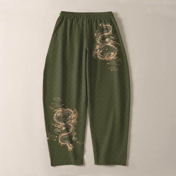 Buddha Stones Herrenhose aus reiner Baumwolle mit goldenem Drachenmuster, Kordelzug, schmal zulaufendem Schnitt und Taschen - image 10