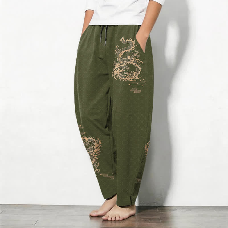 Buddha Stones Herrenhose aus reiner Baumwolle mit goldenem Drachenmuster, Kordelzug, schmal zulaufendem Schnitt und Taschen - image 8