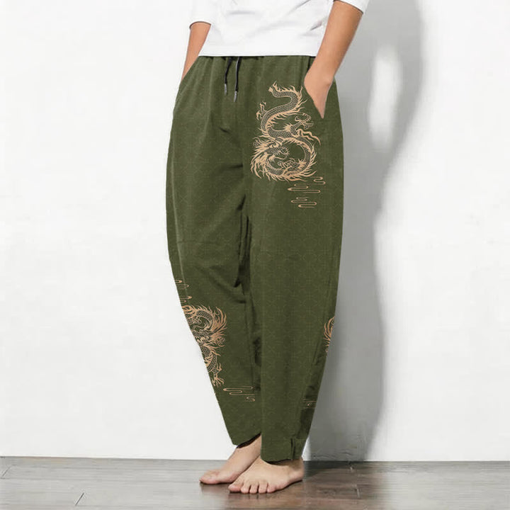 Buddha Stones Herrenhose aus reiner Baumwolle mit goldenem Drachenmuster, Kordelzug, schmal zulaufendem Schnitt und Taschen - image 8