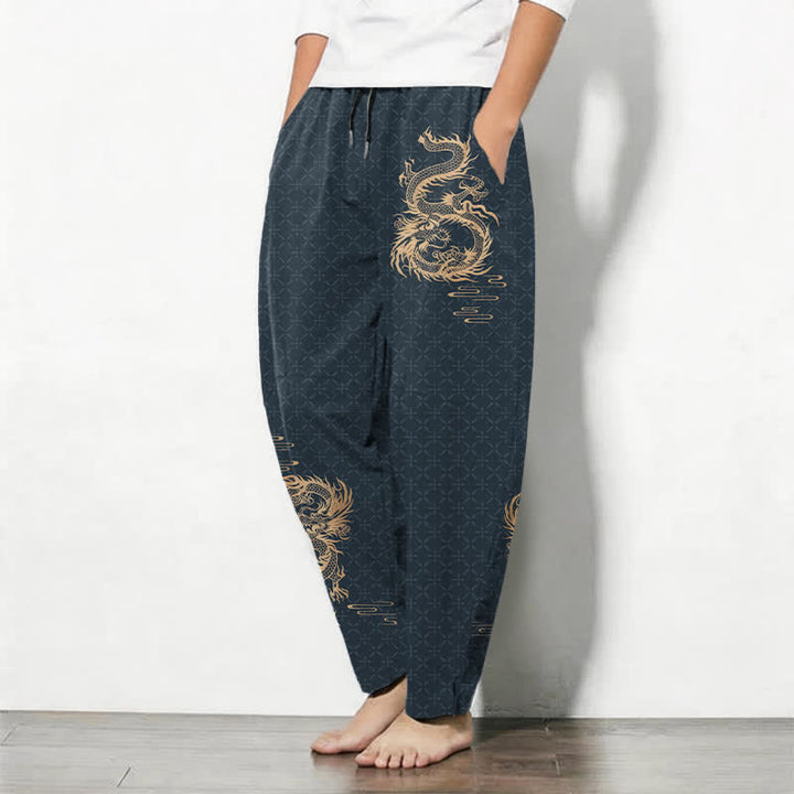 Buddha Stones Herrenhose aus reiner Baumwolle mit goldenem Drachenmuster, Kordelzug, schmal zulaufendem Schnitt und Taschen - image 12