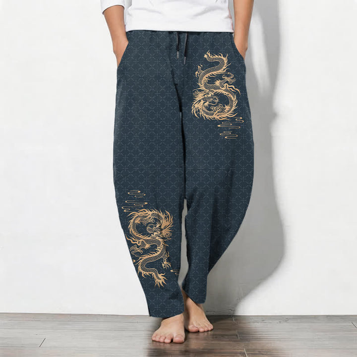 Buddha Stones Herrenhose aus reiner Baumwolle mit goldenem Drachenmuster, Kordelzug, schmal zulaufendem Schnitt und Taschen - Dunkelgrau - US/ UK/AU50, EU60 (5XL) - image 11