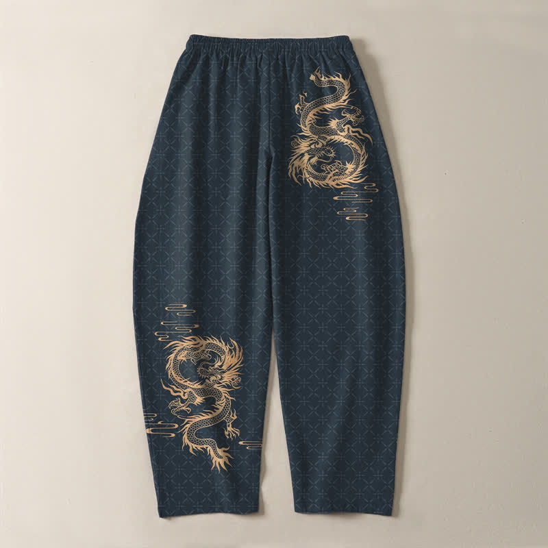 Buddha Stones Herrenhose aus reiner Baumwolle mit goldenem Drachenmuster, Kordelzug, schmal zulaufendem Schnitt und Taschen - image 14