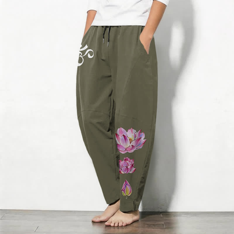 Buddha Stones Reine Baumwolle, rosa Lotus-Om-Muster, Kordelzug, schmal zulaufende Herrenhose mit Taschen - image 1