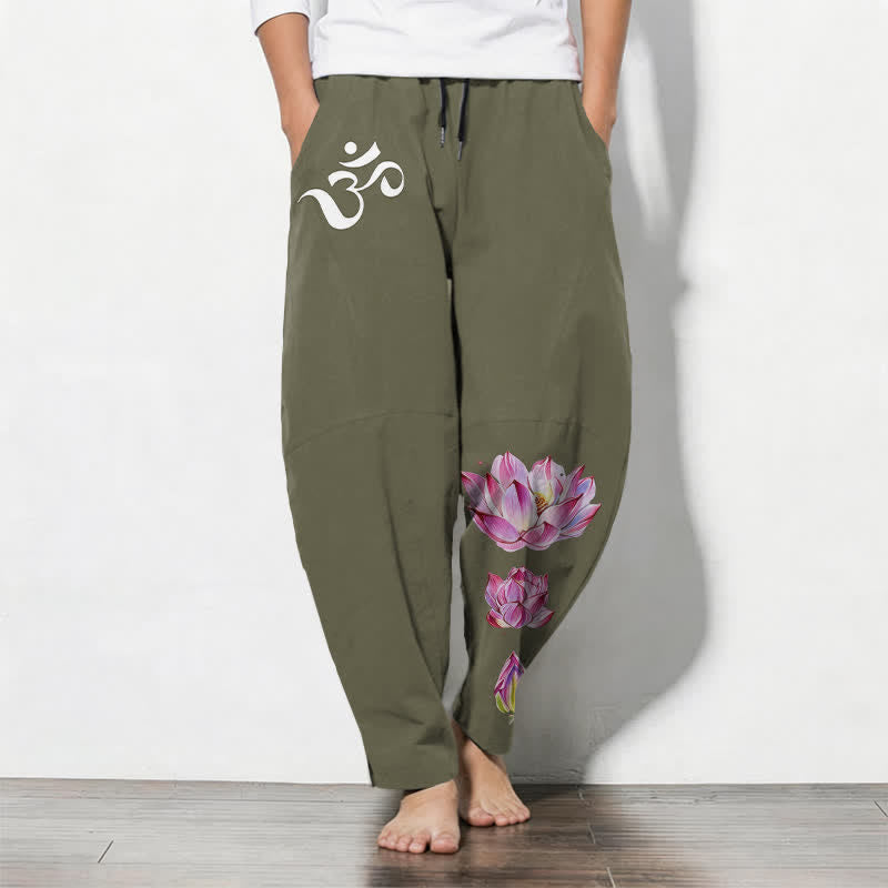 Buddha Stones Reine Baumwolle, rosa Lotus-Om-Muster, Kordelzug, schmal zulaufende Herrenhose mit Taschen - Olivgrün - US/ UK/AU50, EU60 (5XL) - image 0