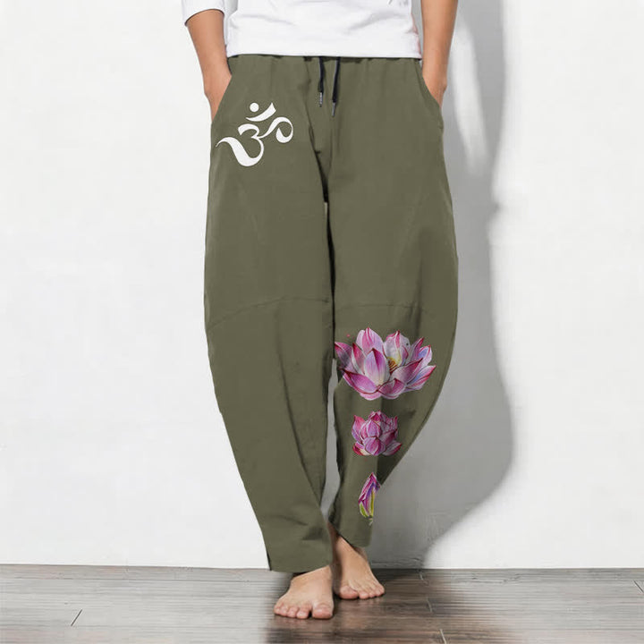 Buddha Stones Reine Baumwolle, rosa Lotus-Om-Muster, Kordelzug, schmal zulaufende Herrenhose mit Taschen - Olivgrün - US/ UK/AU50, EU60 (5XL) - image 0