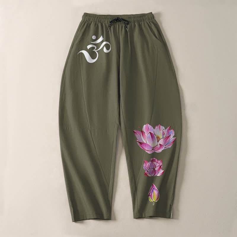 Buddha Stones Reine Baumwolle, rosa Lotus-Om-Muster, Kordelzug, schmal zulaufende Herrenhose mit Taschen - image 2