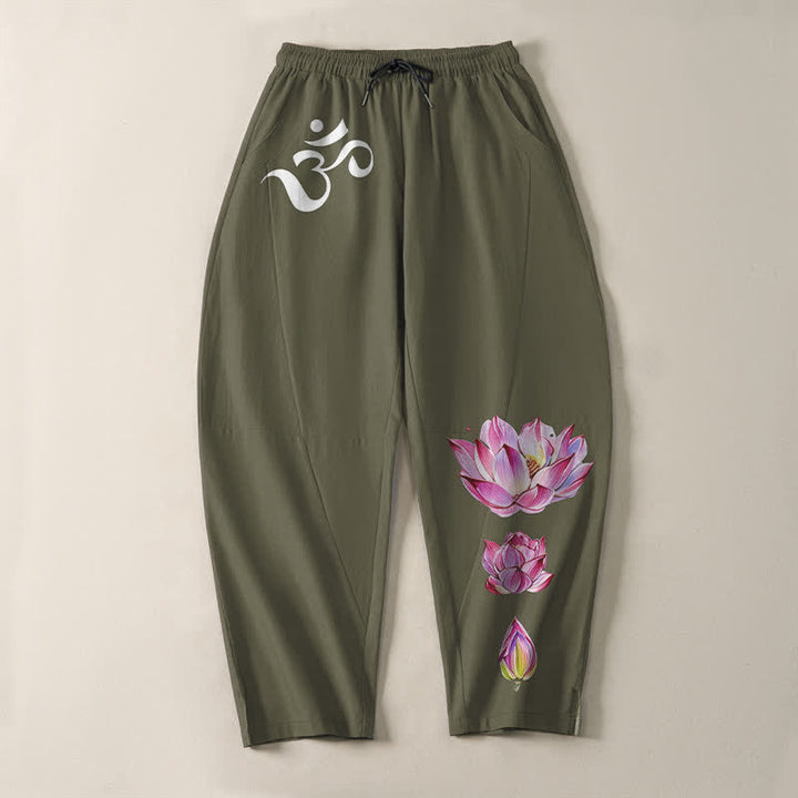 Buddha Stones Reine Baumwolle, rosa Lotus-Om-Muster, Kordelzug, schmal zulaufende Herrenhose mit Taschen - image 2