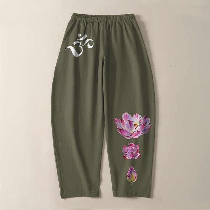 Buddha Stones Reine Baumwolle, rosa Lotus-Om-Muster, Kordelzug, schmal zulaufende Herrenhose mit Taschen - image 3