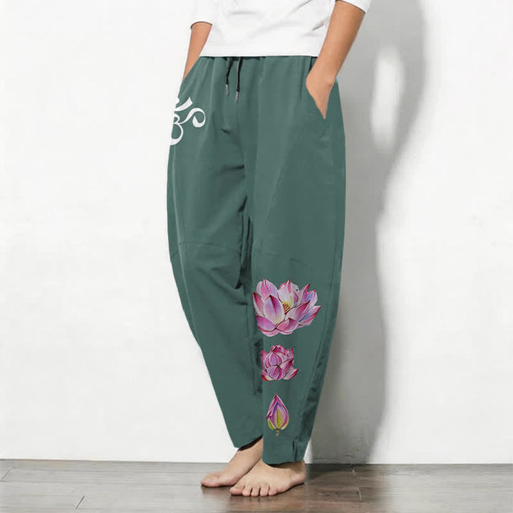 Buddha Stones Reine Baumwolle, rosa Lotus-Om-Muster, Kordelzug, schmal zulaufende Herrenhose mit Taschen - image 8